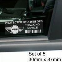 5 x Mini GPS Tracking Device Security WINDOW Stickers 87x30mm-Clubman,Mk I,II,Cooper,Hatch,Countryman,Moke-Car,Van Alarm Tracker